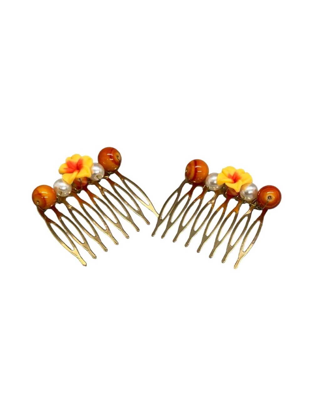Gold Floral Pearl Hair Comb Set - 2.0”Yellow Flower Accents FINAL PRICE DROP